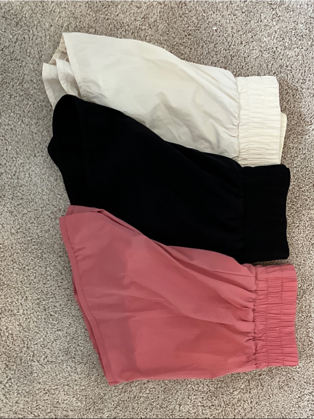 3 pack of women’s athletic shorts (pink, black & cream) with elastic waist